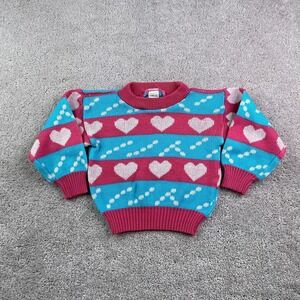 Vintage Color Kids Sweater Girls 4 Pink Blue Stripes Hearts Pullover 80s 90s